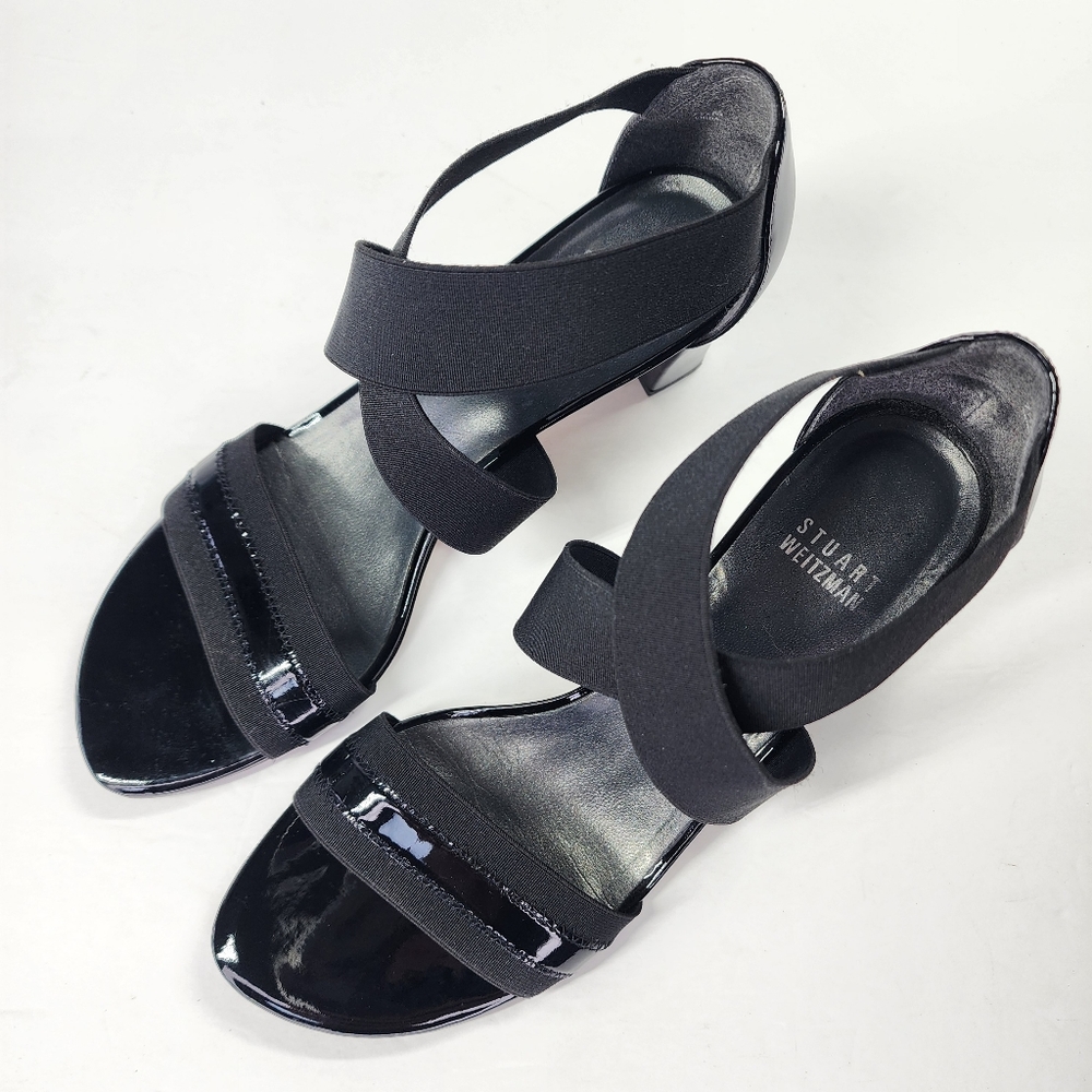 STUART WEITZMAN Midexter Elastic Black Patent Leather High Heel Sandals 7.5m - Picture 2 of 12